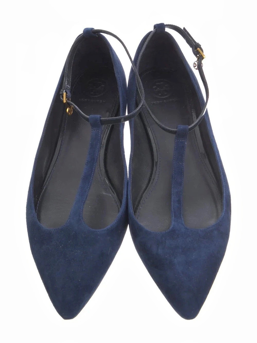 Tory Burch Ashton Pointed-Toe T-Strap Flats in Navy Blue size 9